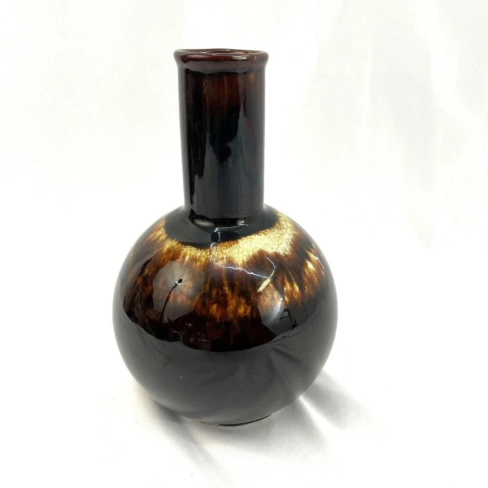 Vintage‎ Brown Drip Glaze Vase Unbranded Round Bottom Cylinder Shaped Top